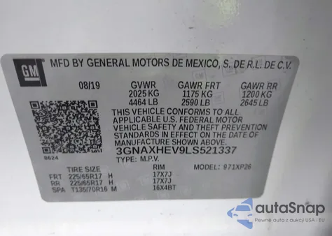 2020 Chevrolet Equinox Fwd Ls из США, поврежденный, VIN 3GNAXHEV9LS521337